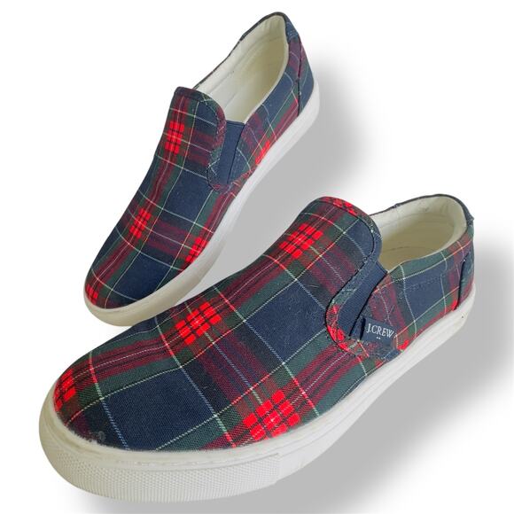 J.Crew Road Trip Sneaker Canvas SlipOn Red Stewart Plaid Holiday Women AY567 9.5 - Picture 1 of 9